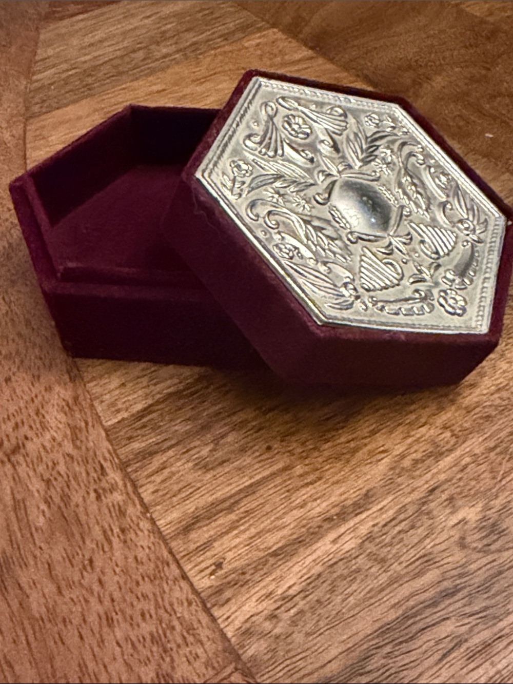 Godinger Silver-Tone Embossed Burgundy Hexagonal Trinket Decorative Box
